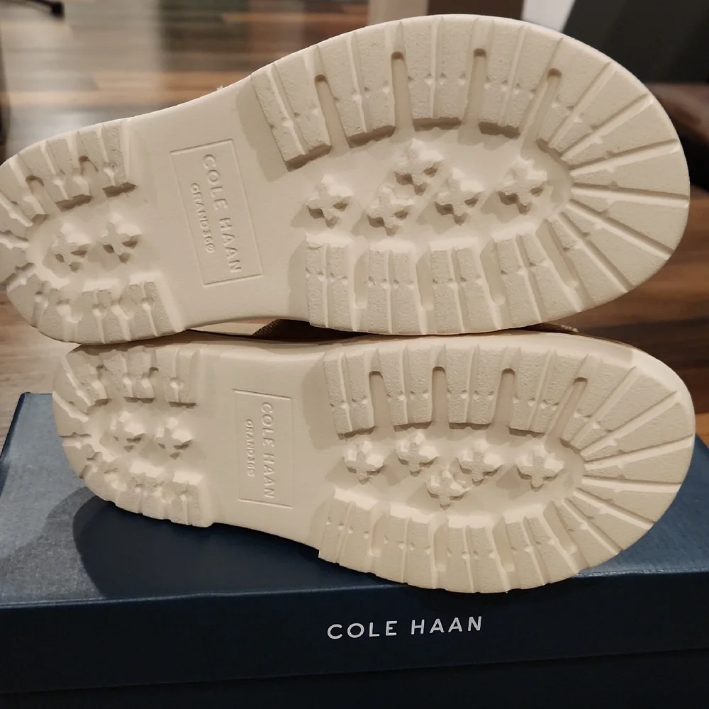 Cole Haan Beige Cross-Strap Slide Sandals with Gold Buckle - Picture 3 of 5
